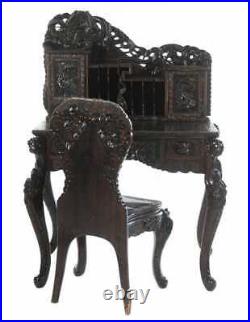 Ornate Chinese / Japanese Writing Desk & Chair with Dragon & Mount Fuji Carvings