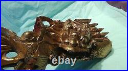 PAIR ANTIQUE 19c CHINESE ROSEWOOD CARVED GILT HIGH RELIEF TEMPLE DRAGONS