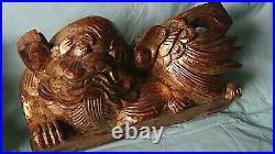 PAIR ANTIQUE 19c CHINESE SMALL ROSEWOOD CARVED GILT HIGH RELIEF TEMPLE DRAGONS