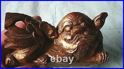 PAIR ANTIQUE 19c CHINESE SMALL ROSEWOOD CARVED GILT HIGH RELIEF TEMPLE DRAGONS