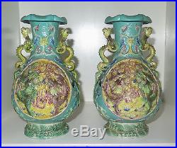 Pair Antique Chinese Asian Qing Dynasty Republic Period Dragon Vase Signed