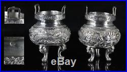 PAIR ANTIQUE DRAGON CENSER miniature CHINESE FRENCHMARKED EXPORT SILVER SOLID
