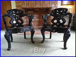 PAIR OF 19thc PERIOD ANTIQUE CHINESE DRAGON CARVED PADAUK ARMCHAIRS 2 MORE