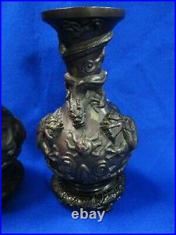 PAIR OF ANTIQUE BRONZE CHINESE DRAGON VASES With STANDS HIGH DETAIL