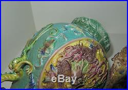 Pair Of Antique Chinese Asian Qing Dynasty Majolica Dragon Vase Signed
