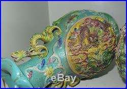 Pair Of Antique Chinese Asian Qing Dynasty Majolica Dragon Vase Signed