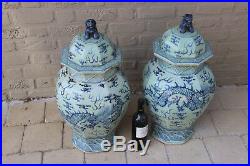 PAIR huge 25.5 old chinese porcelain ceramic Blue white dragon celadon vases