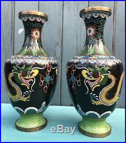 PAIR of Antique CHINESE/ORIENTAL Black CLOISONNE DRAGON VASES Enamel