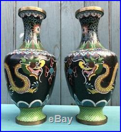 PAIR of Antique CHINESE/ORIENTAL Black CLOISONNE DRAGON VASES Enamel