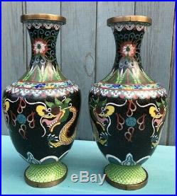 PAIR of Antique CHINESE/ORIENTAL Black CLOISONNE DRAGON VASES Enamel