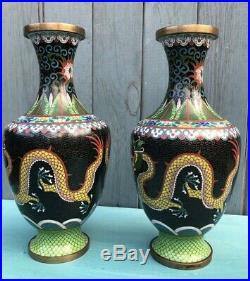 PAIR of Antique CHINESE/ORIENTAL Black CLOISONNE DRAGON VASES Enamel