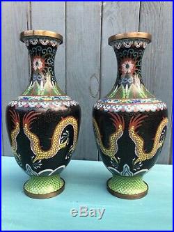 PAIR of Antique CHINESE/ORIENTAL Black CLOISONNE DRAGON VASES Enamel