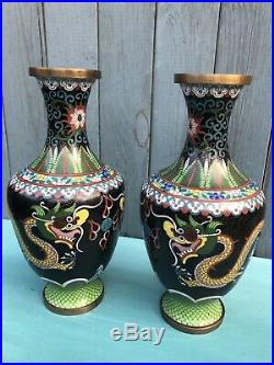 PAIR of Antique CHINESE/ORIENTAL Black CLOISONNE DRAGON VASES Enamel