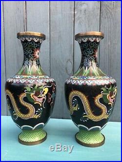 PAIR of Antique CHINESE/ORIENTAL Black CLOISONNE DRAGON VASES Enamel