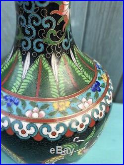 PAIR of Antique CHINESE/ORIENTAL Black CLOISONNE DRAGON VASES Enamel