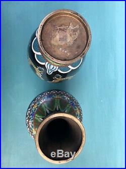 PAIR of Antique CHINESE/ORIENTAL Black CLOISONNE DRAGON VASES Enamel