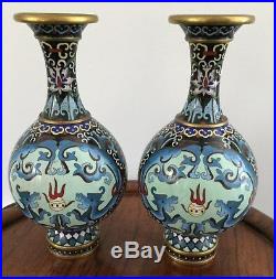 Pair 19th/20thc Chinese Cloisonne Vase Dragon Motifs 24cm tall