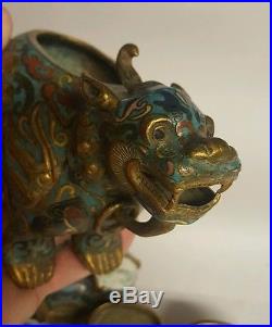 Pair Antique 19thc Chinese Qing Cloisonne gold gilt copper censer dragon foo dog