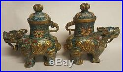 Pair Antique 19thc Chinese Qing Cloisonne gold gilt copper censer dragon foo dog