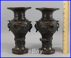 Pair Antique Artist Signed Chinese Bronze Dragon Urn Vases, NR