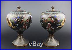 Pair Antique Chinese Cloisonne Dragon Enamel Baluster Vase / Censer and Cover