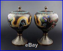 Pair Antique Chinese Cloisonne Dragon Enamel Baluster Vase / Censer and Cover