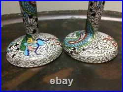 Pair Antique Chinese Dragon Cloisonne Candlesticks 6.5 Tall