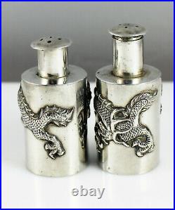 Pair Antique Chinese Export Silver Dragon Salt & Pepper Shakers Wang Hing