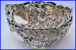 Pair Antique Chinese Export Silver Signed Dragon Pierced Work Bowls / Lamp Fonts