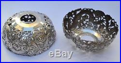 Pair Antique Chinese Export Silver Signed Dragon Pierced Work Bowls / Lamp Fonts
