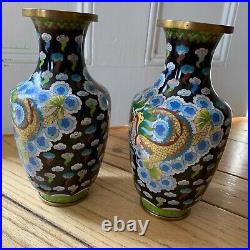 Pair Antique Cloisonné Vases Imperial 5 Claw Dragon Copper Enamel