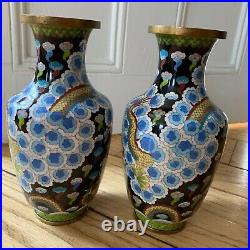 Pair Antique Cloisonné Vases Imperial 5 Claw Dragon Copper Enamel