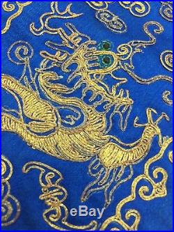 Pair Antique Embroidered Chinese Silk Sleeve Panels Gold Dragon Foo Lion Bird