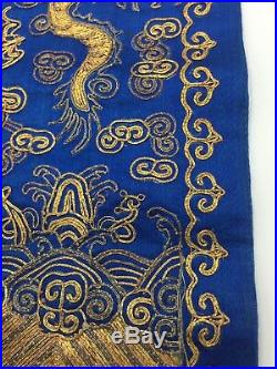 Pair Antique Embroidered Chinese Silk Sleeve Panels Gold Dragon Foo Lion Bird
