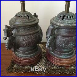 Pair Antique Heavy Chinese Brass Lidded Dragon Lamps