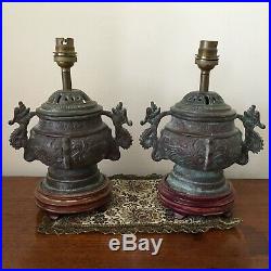 Pair Antique Heavy Chinese Brass Lidded Dragon Lamps