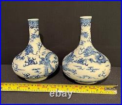 Pair China Qing Dynasty 5 clawed double dragon blue and white porcelain vases