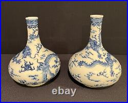 Pair China Qing Dynasty 5 clawed double dragon blue and white porcelain vases