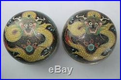 Pair Chinese Cloisonne Black Enamel Dragon Trinket Snuff Pill Box