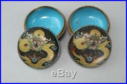 Pair Chinese Cloisonne Black Enamel Dragon Trinket Snuff Pill Box