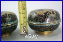 Pair Chinese Cloisonne Black Enamel Dragon Trinket Snuff Pill Box