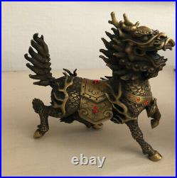 Pair Chinese Dragon Kylin Unicorn Foo Dog Lion Metal Bronze Vintage