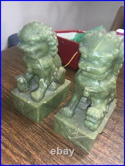 Pair Chinese Export Hand Carved Green Jade Dragon Foo Dog Sculptures 7.5inch