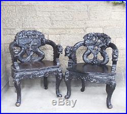 Pair Chinese Japanese Dragon Chairs