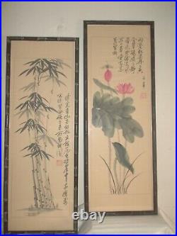 Pair Chinese Watercolor Flower Dragon Fly Bamboo Signed Wall Hanging Panels