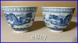 Pair Of Antique Chinese Blue and White Glazed Porcelain Cups Five Claw Dragons