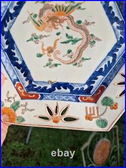 Pair Of Antique Japanese Chinese Reticulated Hexagon Imari Dragon Plates 25cms