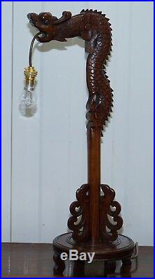 Pair Of Chinese Mahogany Dragon 1920's Hand Carved Wood Table Lamps Part Of Set