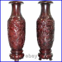 Pair Of Huge 105cm Tall Chinese Hand Carved Wood Cinnabar Dragon & Bird Vases