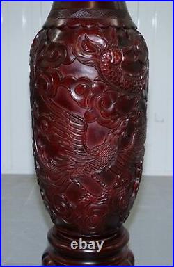 Pair Of Huge 105cm Tall Chinese Hand Carved Wood Cinnabar Dragon & Bird Vases